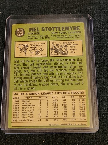 1967 Topps - #225 Mel Stottlemyre - Picture 2 of 2