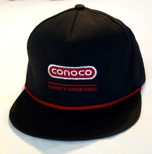 NOS NEW Vintage CONOCO Quality Lubricants Strapback Red Rope  Black Cap Hat