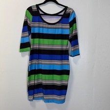 Robbie Bee Womens Blue Green Striped 3/4 Sleeve Scoop Neck Sheath Dress