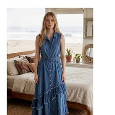 "Free People" Blue Denim Beau Tiered Ruffle Maxi Dress OB1982611 SZ  L Cowgirl