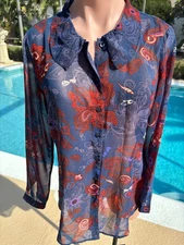 Cabi #3122 Paisley floral top sheer Blouse Blue Red Womens size S Small