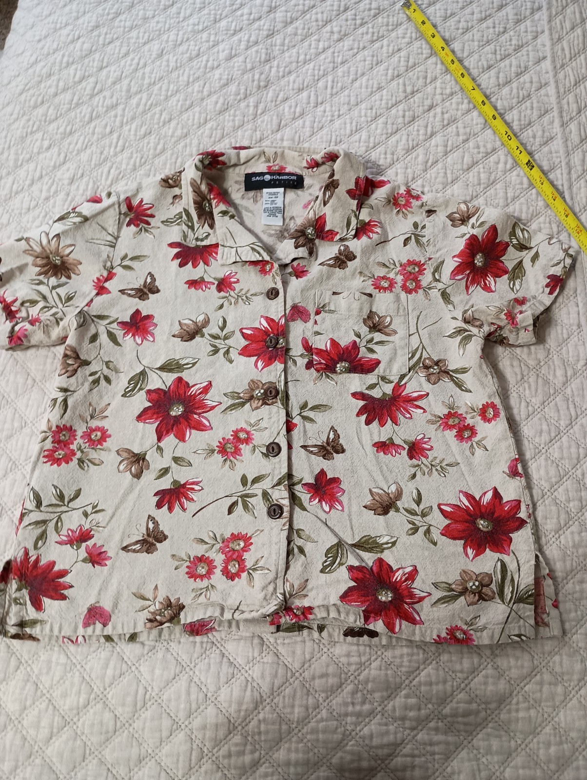 Vtg Sag Harbor Petites Sz 10P Casual 2 pc SS Beige Floral Crop Pant Set image 6