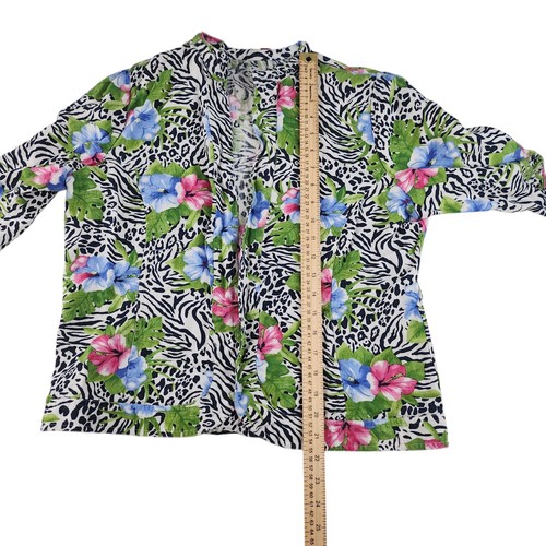 Cárdigan hawaiano vintage para mujer PL grande pequeño 100 % lino estampado de cebra hibisco - Imagen 13 de 16