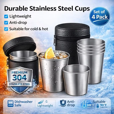 4PCS Stainless Steel Camping Cups Stackable Metal Tumblers with Storage Bag - Image 1 of 4