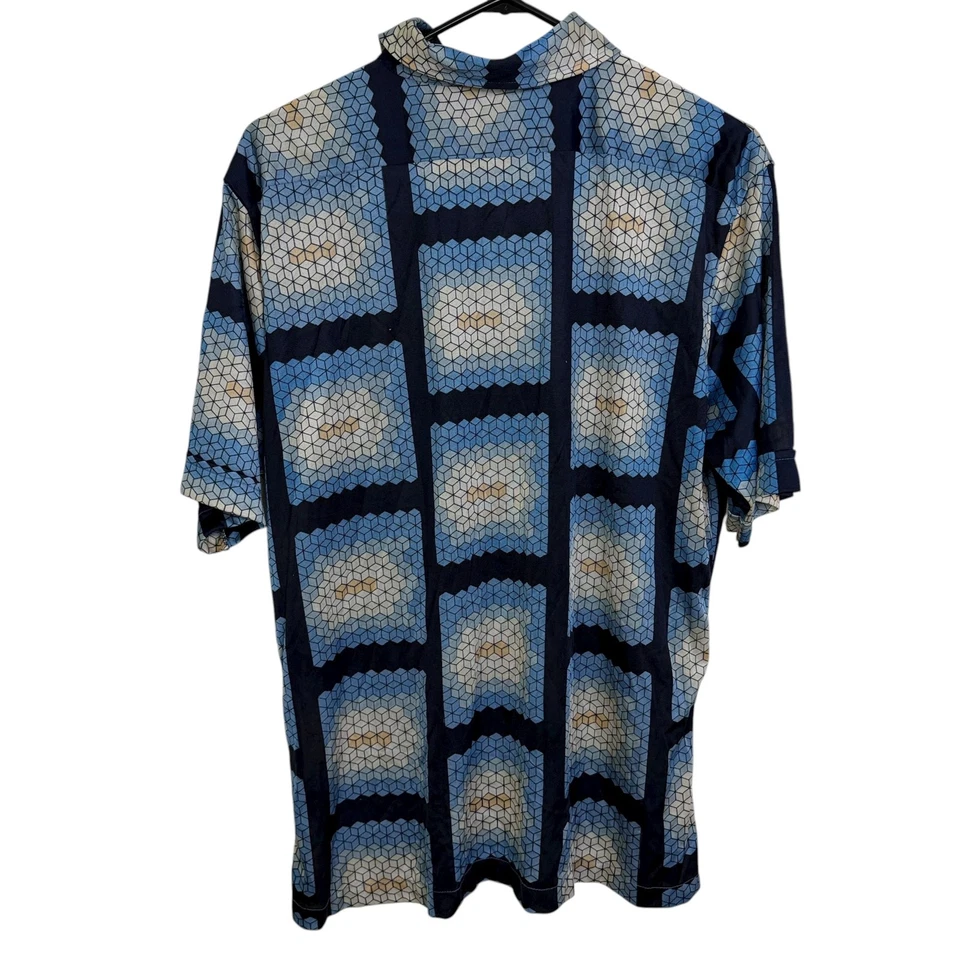 Camisa Discoteca Mervyns Años 70 De Colección Para Hombres Geométrica Abotonada Nylon Cuello Daga Cubos Foto 2 de 4
