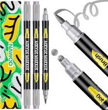 3 Silver Acrylic Paint Pens Markers, Dual Tip (Dot + Brush Tip), for Rock Painti
