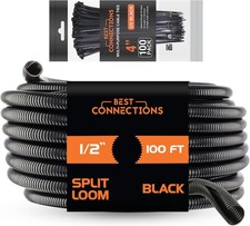 100' Split Wire Loom Flex-Guard Convoluted Tubing with 100 Nylon Zip Ties Black