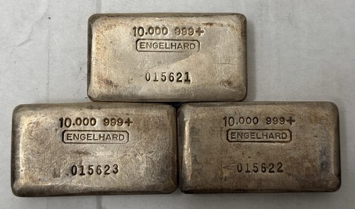 Lot 3 alte Engelhard gegossene .999 Silberbarren 10 Oz 250 Auflage in Folge #