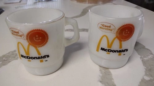 Vtg Anchor Hocking Set Of 2 McDonald's Good Morning Coffee Mug White Milk Glass