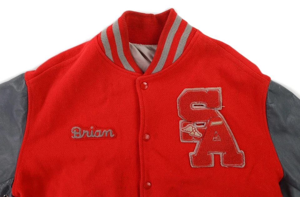 VTG 90s US L 46 SA Red Varsity High School Letterman Leather Wool Bomber Jacket - Image 3 of 4