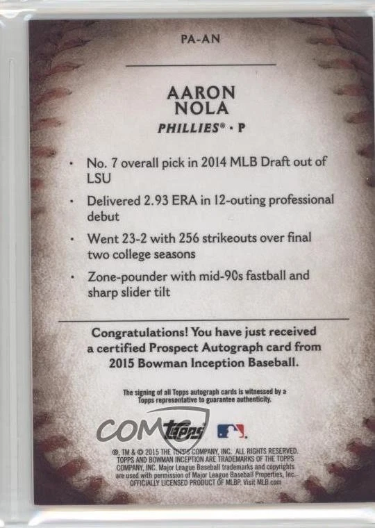 2015 Bowman Inception Prospect Auto Green /99 Aaron Nola #PA-AN Auto - Image 2 of 2