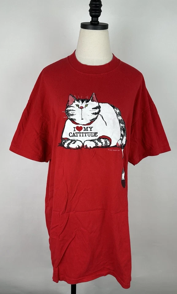 Camiseta para dormir vintage de los 90 gato dama OS roja algodón camiseta para dormir gato amante actitud Foto 2 de 4