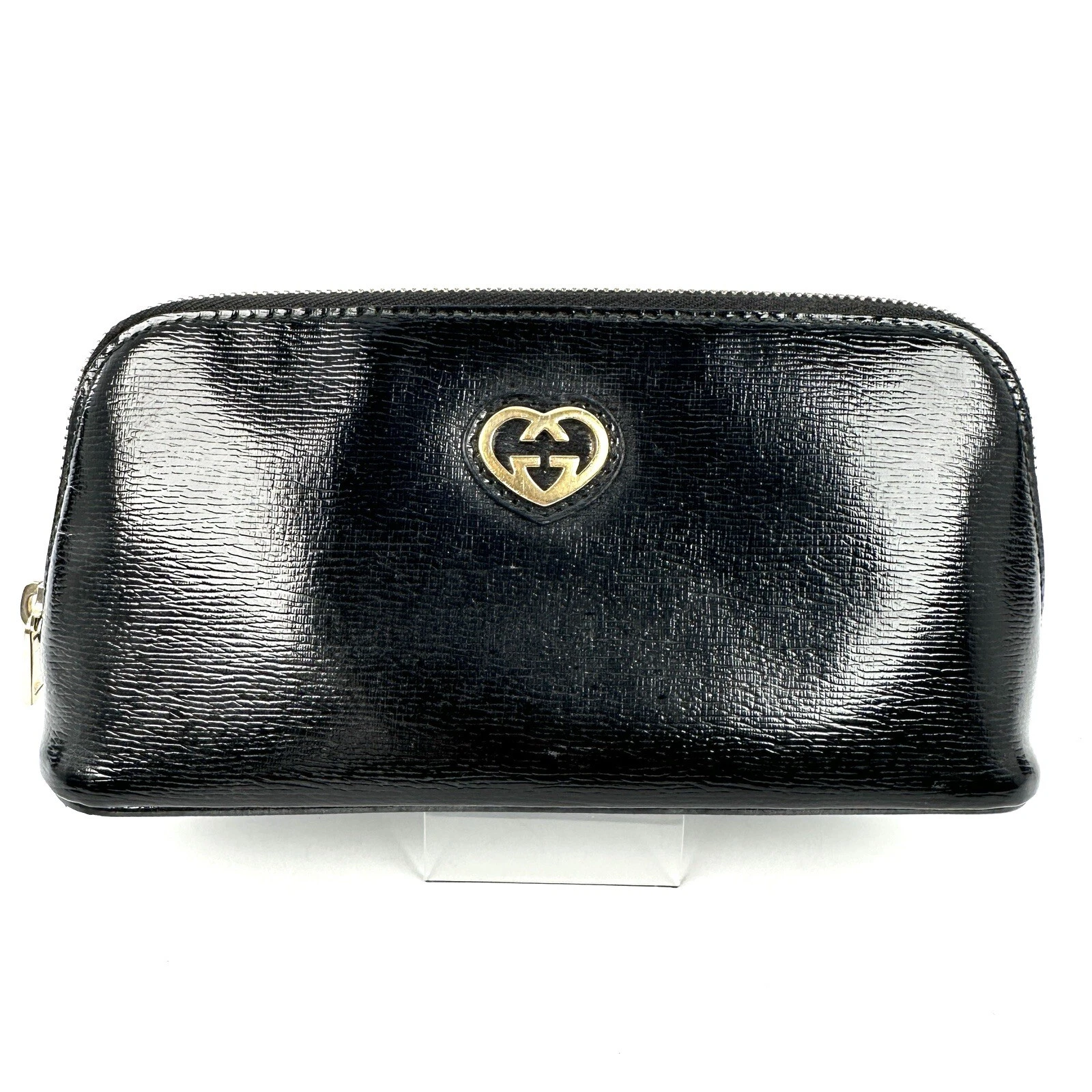 Pochette cosmétique GUCCI joli coeur cuir noir authentique