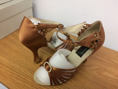 Stephanie Elite Ballroom Dance Crystals Dark Tan Satin Shoes. Size 5,5 Heel 3