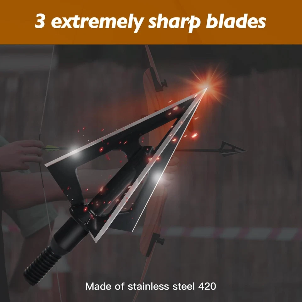 12Pcs Hunting Broadheads Stainless Steel Black Whirlwind 3-Blade Cut  Arrow Tip - Image 2 of 4