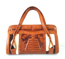 Vintage 1970s Hand Tooled Leather  Cowhide Western Horse Tan Purse