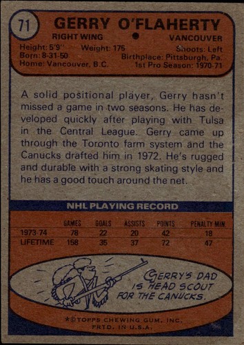 1974-75 Topps #71 Gerry O'Flaherty Vancouver Canucks - Picture 2 of 2