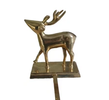 Vintage Solid Brass 3D Reindeer Deer Stocking Holder Hanger Long Arm Heavy