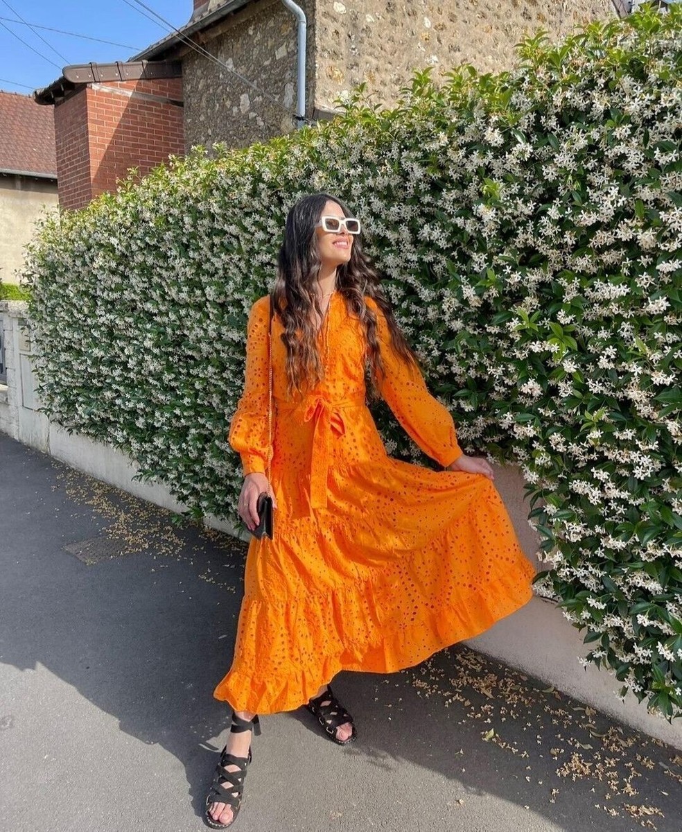 NWT ZARA SS22 EMBROIDERED EYELET RUNWAY/VOGUE STYLE NEON ORANGE DRESS |  7788/932