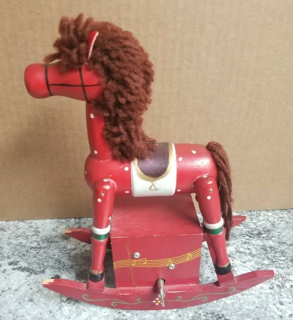 Antique Rocking Horse Music Box Folk Art Hand Carved Solid Wood Rock A