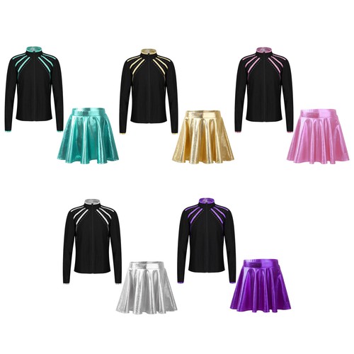 Kids Girls Outfits Competition Costume Shiny Dancewear Zipper Jacket Soft 2pcs - Picture 6 of 60