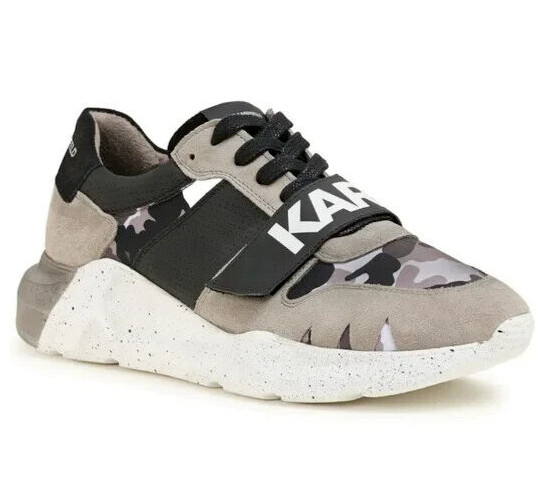 Zapatilla deportiva Karl Lagerfeld Paris LF1S2074 gris con correa de camuflaje logotipo de cuero 10,5 nueva en caja $300