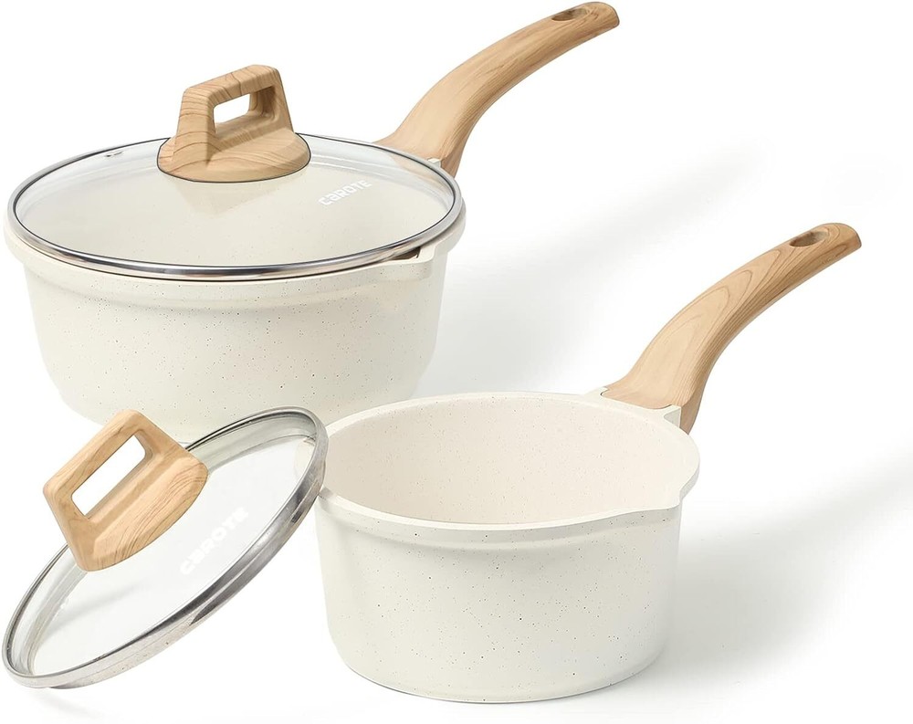 CAROTE 1.5Qt & 2.4Qt Sauce Pan Set with Lid 1.5Qt+2.4Qt, White Granite