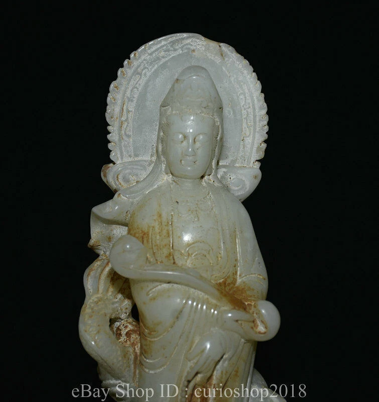 Estatua Ruyi de dragón de Buda Guanyin tallado en jade blanco chino antiguo de 8,8" Foto 2 de 4