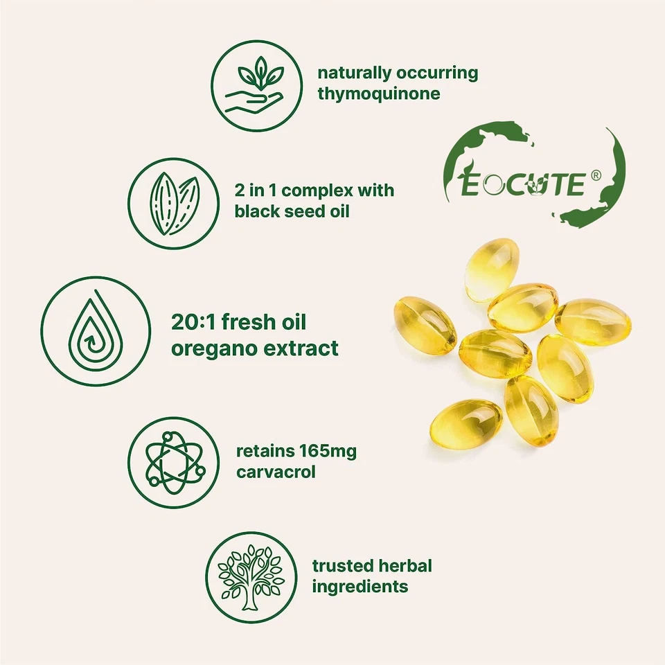 ​​Aceite de Orégano 300 Cápsulas Blandas 2 en 1 Aceite de Semilla Negra Suplemento Herbal Orgánico Foto 4 de 4