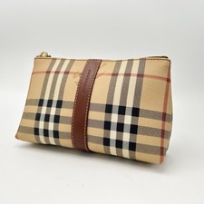 Burberry Cosmetic Pouch Nova Check Beige PVC Leather Gold-tone Zip Top fromJapan
