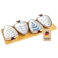 Dip Servier Schalen Set 4 SchäLchen Blattform Blau-Weiß Holz-Tablett Keramik