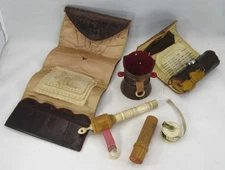 Six Victorian, Early 1900s Sewing Items - Tape Measures, Needle Holders, Cases