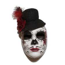 Day of the Dead Sugar Skull Mask with Top Hat Red Roses Adult Halloween Costume