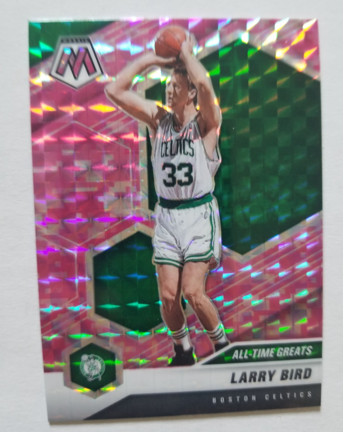 2020-21 Panini Mosaic All-Time Greats Larry Bird #295 Pink Camo Mosaic Prizm