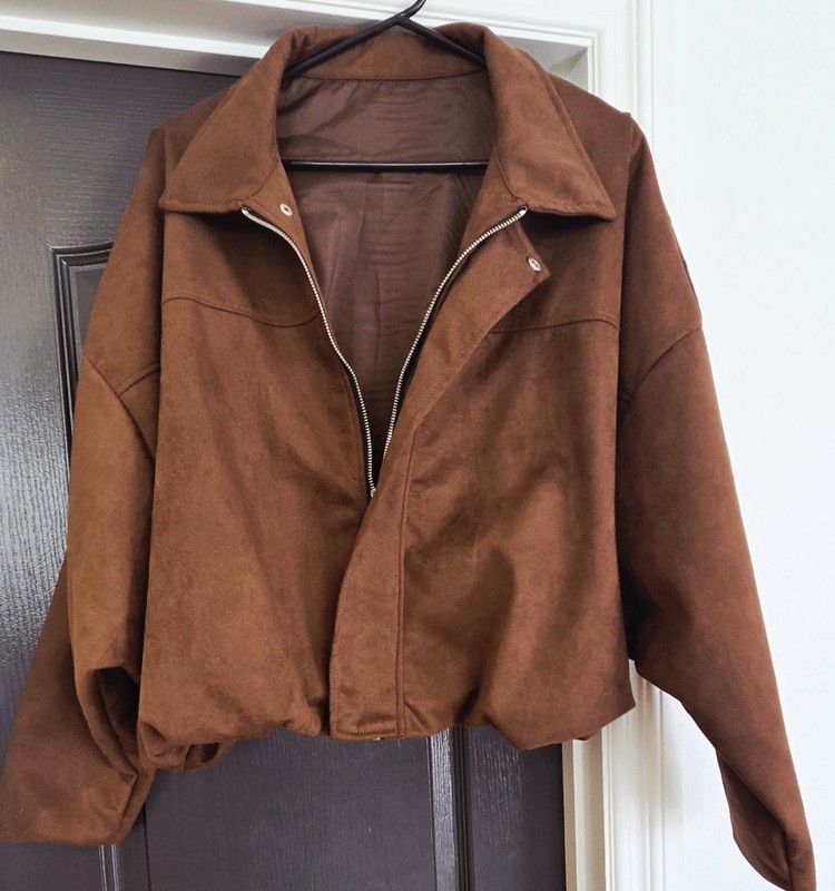 Womens Faux Suede 3/4 Winged Sleeve Jacket. Brown Front Zip Elastic Waist Brown