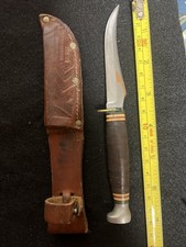 Vintage Antique Kabar 7” Fixed Blade hunting Fishing Knife W Leather Sheath Rare