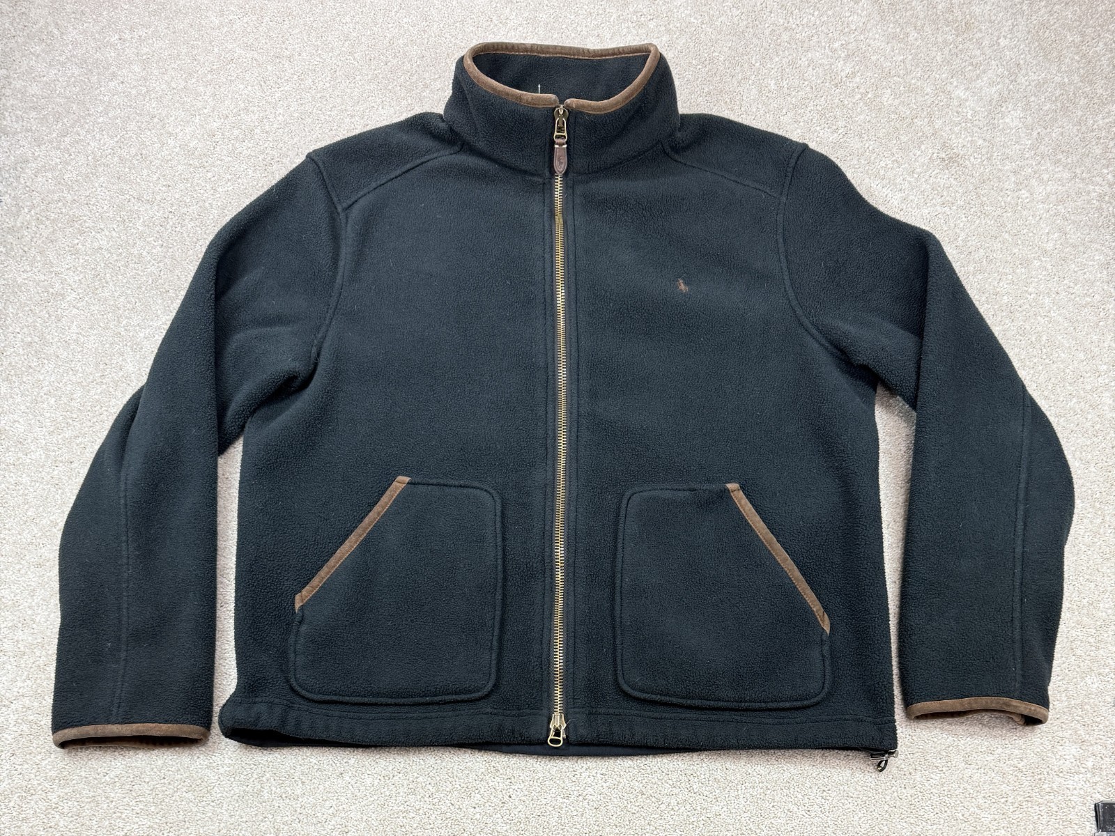 Vintage Polo Ralph Lauren Luxury Fleece Jacket Men’s XL Leather Trim Black