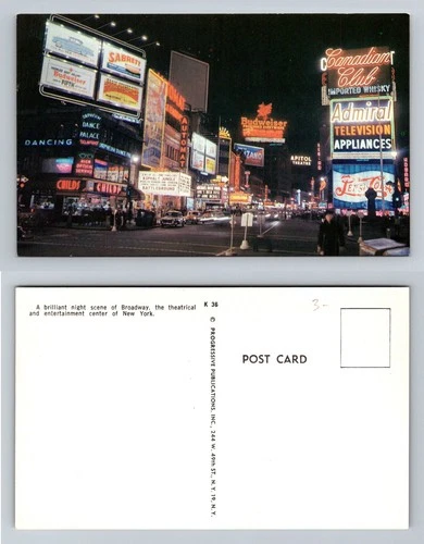 New York City NY, Broadway Night Scene Neon Signs Pepsi-Cola Vintage Postcard