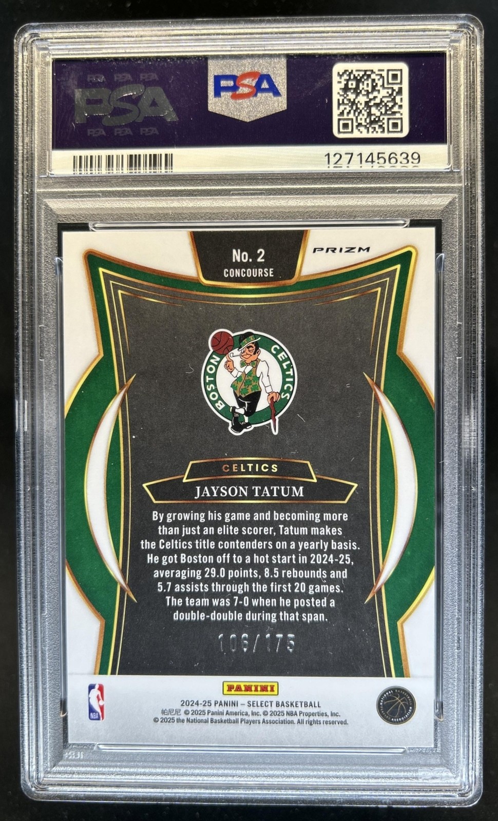 2024-25 Panini Select Jayson Tatum Concourse Maroon Prizm #/175 Celtics PSA 8 view 2