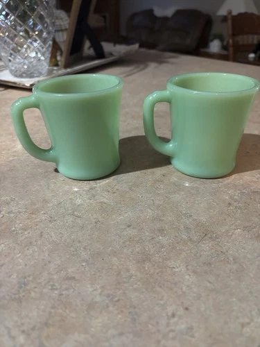 2 VINTAGE Anchor Hocking Fire King Jadeite d handle coffee mugs oven ware cup