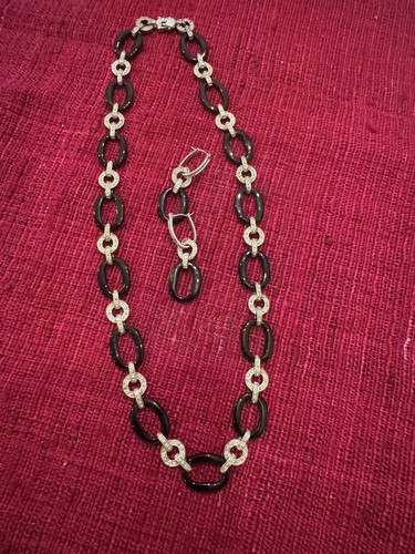 Art Deco Inspired 18” Onyx & Diamond Necklace With Matching Earrings