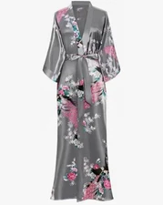 Babeyond Kimono Wrap Tie Robe Silky Silver Gray Peacock Blossoms Lounge One Size