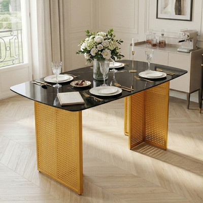 Rectangular Tempered Glass Dining Table for 6,Modern Kitchen Table w/Metal Legs