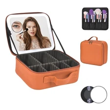 Travel Makeup Bag With LED Mirror,Cosmetic Train Case with 3 Color Setting,Co...