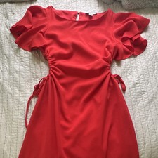 HYFVE Red A-Line Midi Dress S Flutter Ruffle Sleeve Ruched Tie Waist Lined Zip