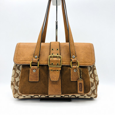 Coach Soho Signature Canvas Suede Satchel Shoulder Bag Khaki Y2K 7065