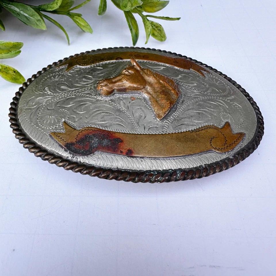 Vintage Alpaca Mexico Sterling Silver Belt Buckle Horse 3D Head Gold Banner Etch - Image 3 of 4