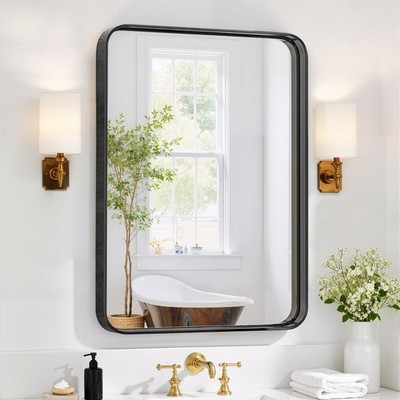 Espejo de baño rectangular de 30x22 pulgadas con marco de metal negro.