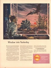 1948 Shell X-100 Motor Oil Print Ad Dinosaurs Laboratory Scientist