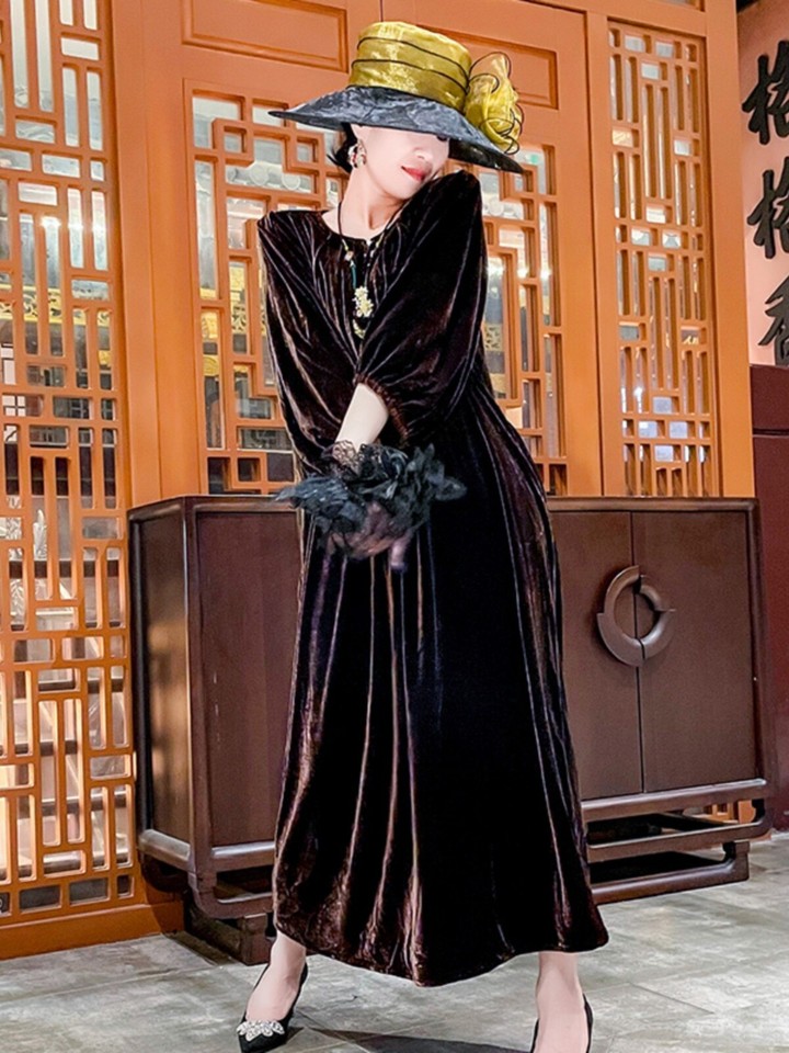 Retro Elegant Autumn Dress Womens New Casual Silk Long Sleeve Loose